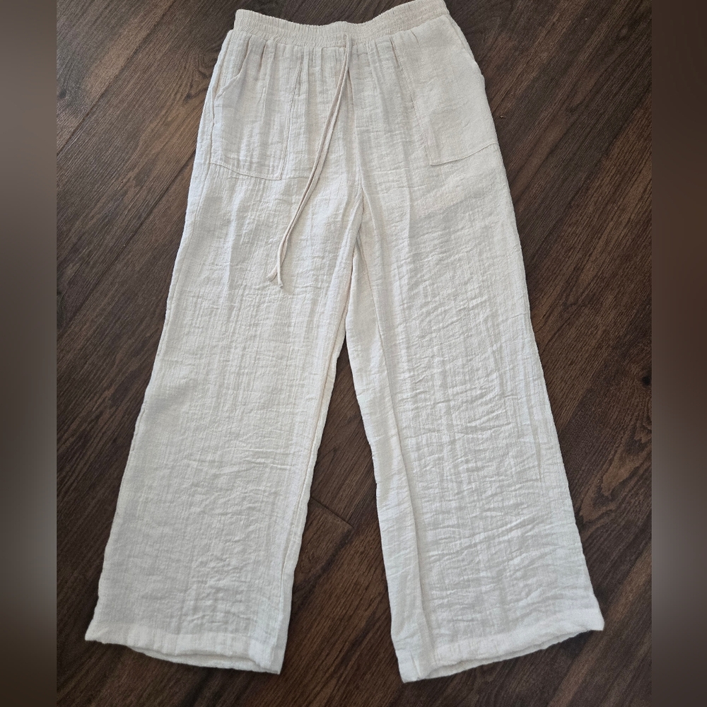 Blu Pepper Lightweight Cream Wide-Leg Drawstring Pants Built In Shorts Size L